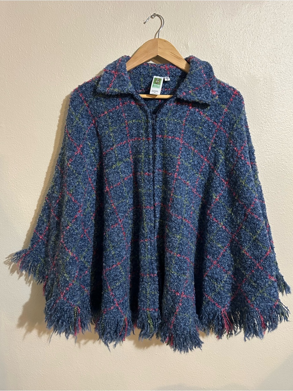 Branigan Weavers Wool Women’s Blue Bouclé Fringe Zip Poncho Jacket OS